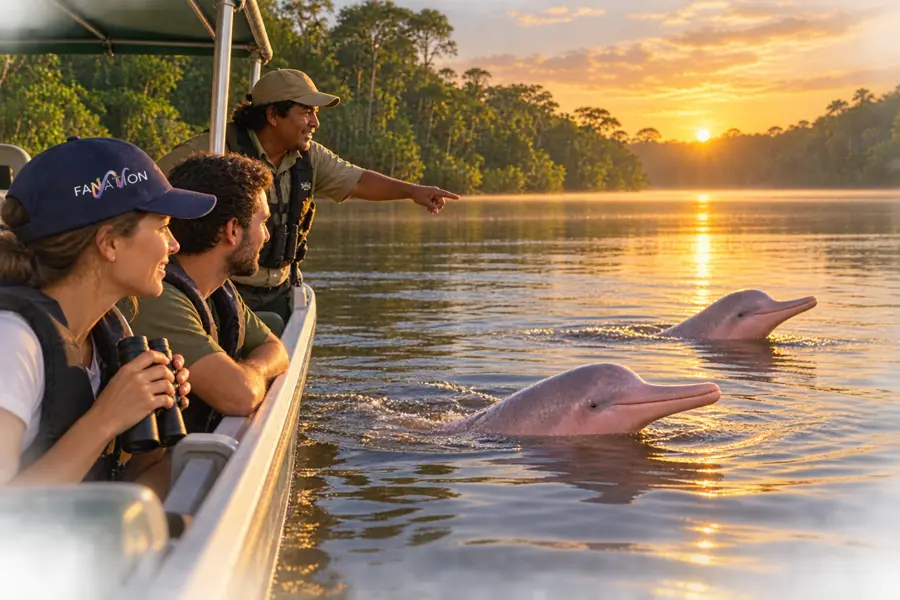 Observación responsable de delfines rosados del Amazonas desde una embarcación