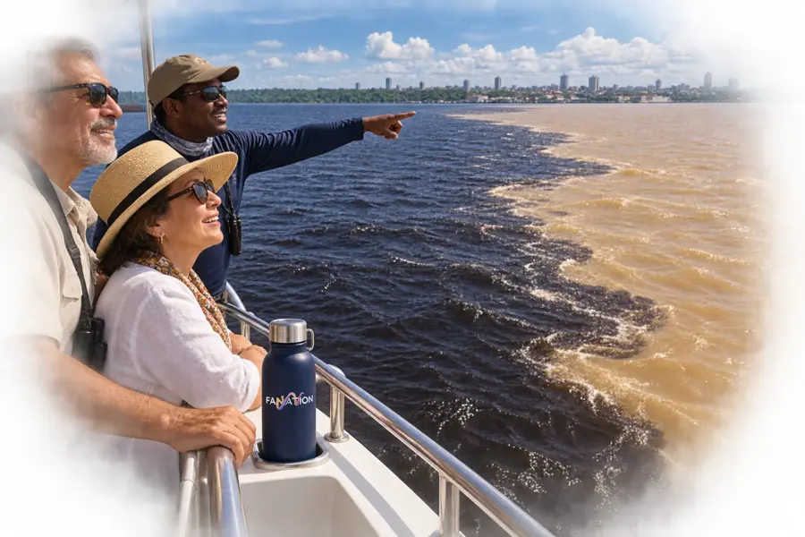 Viajeros FANATION navegando por el Encuentro de las Aguas cerca de Manaos
