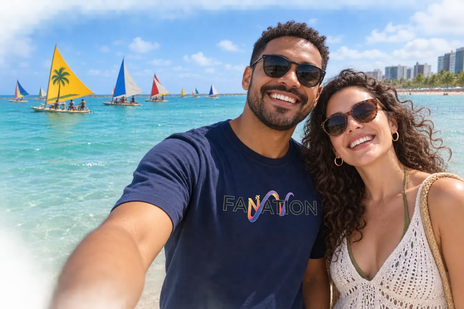 Viajeros FANATION frente al mar turquesa y las jangadas de Maceió