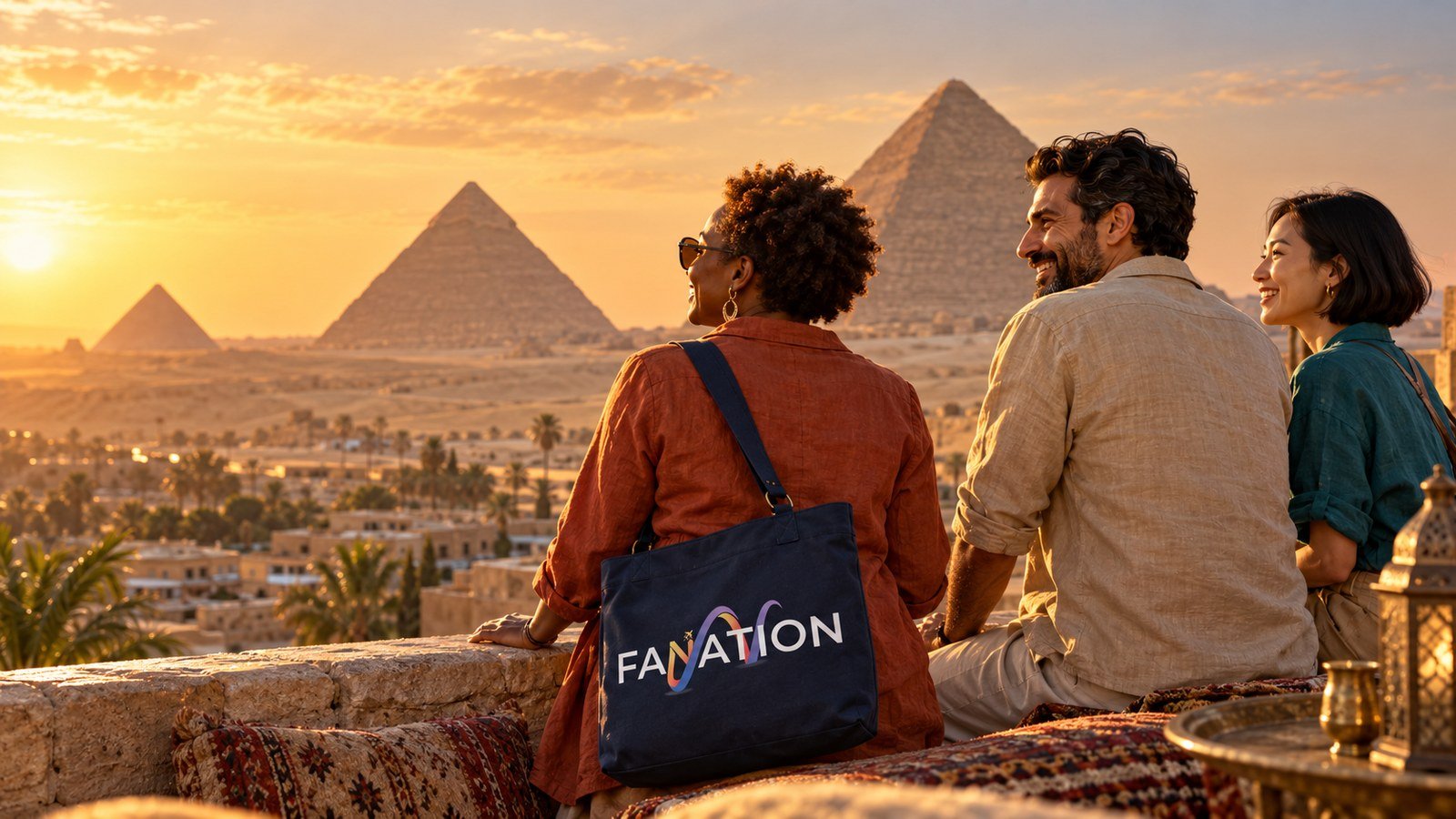 Tres viajeros de FANATION contemplan las pirámides de Guiza al atardecer; un bolso azul lleva el logo original de FANATION