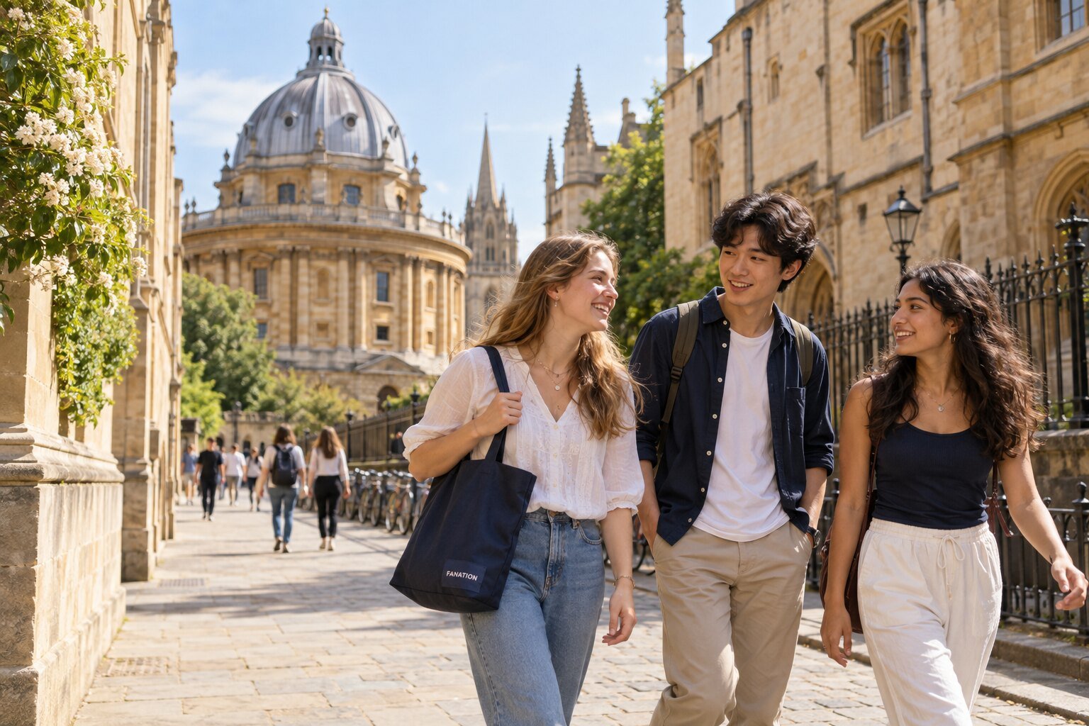 Estudiantes internacionales recorren una calle histórica de Oxford bajo el sol de verano