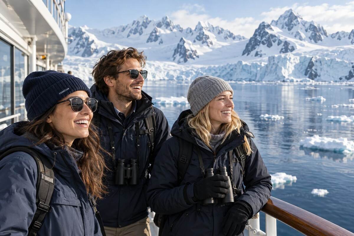 Viajeros observan glaciares antárticos desde la cubierta de un crucero; uno lleva un gorro FANATION discreto