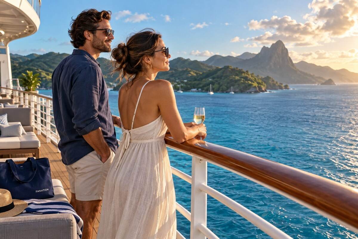Pareja de viajeros en la cubierta de un crucero en el Caribe, con bolso FANATION discreto